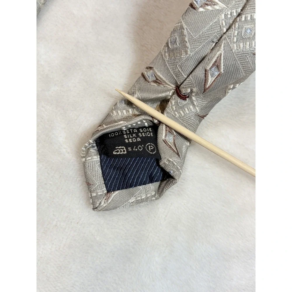Ermenegildo Zegna Men's Geometric Beige Brown White 100% Silk Satin Tie‎